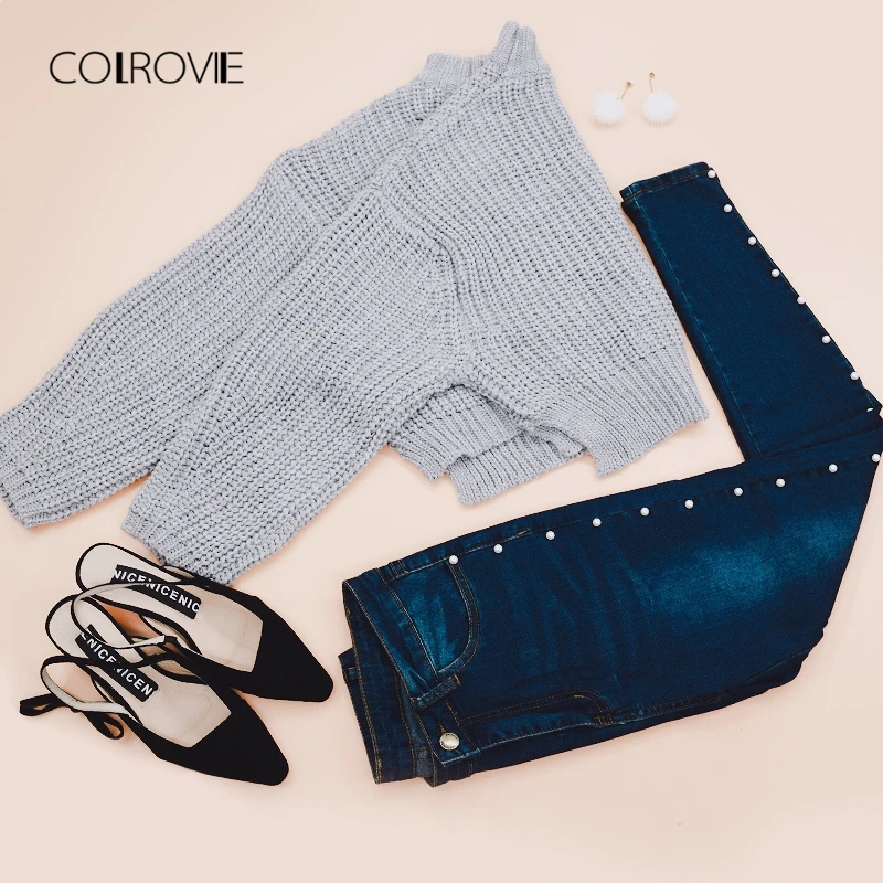 COLROVIE 2018 Spring Skinny Pearl Beading Faded Wash Jeans Blue Mid Waist Zipper Fly Plain Denim Jeans Women Casual Trousers