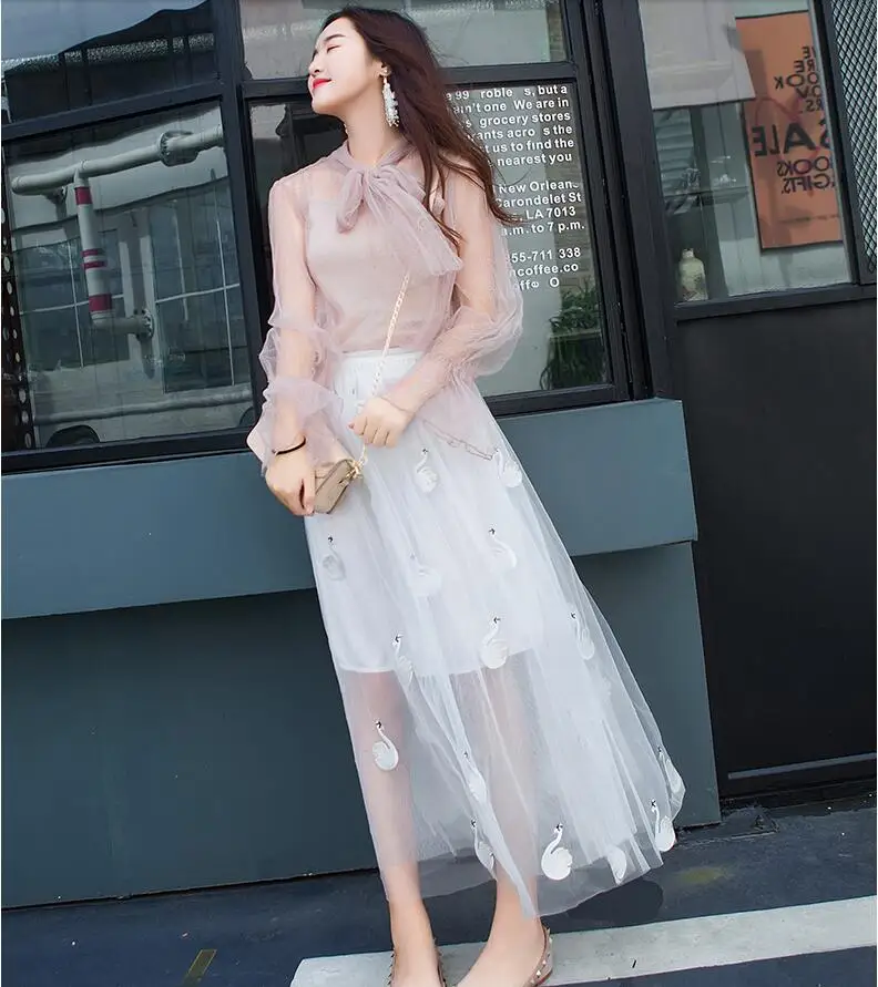 Женская винтажная вышивка перьями кружевная сетчатая юбка высокого качества Элегантная трапециевидная фатиновая юбка женские длинные