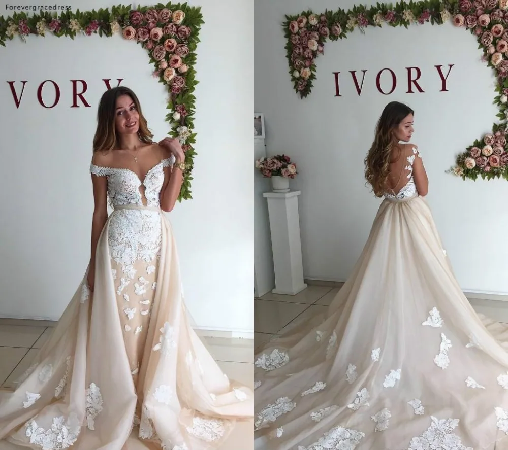 New Arrival Champagne Wedding Dresses with Detachable Train Backless Sexy Off Shoulder Applique Lace Wedding Bridal Gowns Custom Made  177 (2)