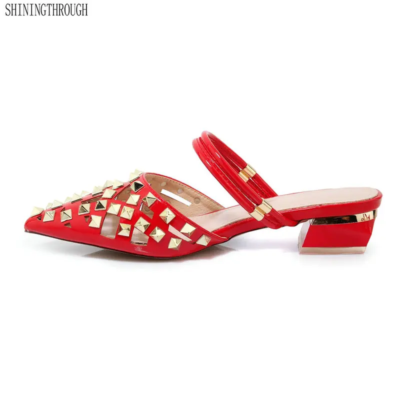 

Fashion Ladies Slides Genuine Leather Woman low Heel rivets Summer Shoes Elegant Women Slippers Open Toe Sandals