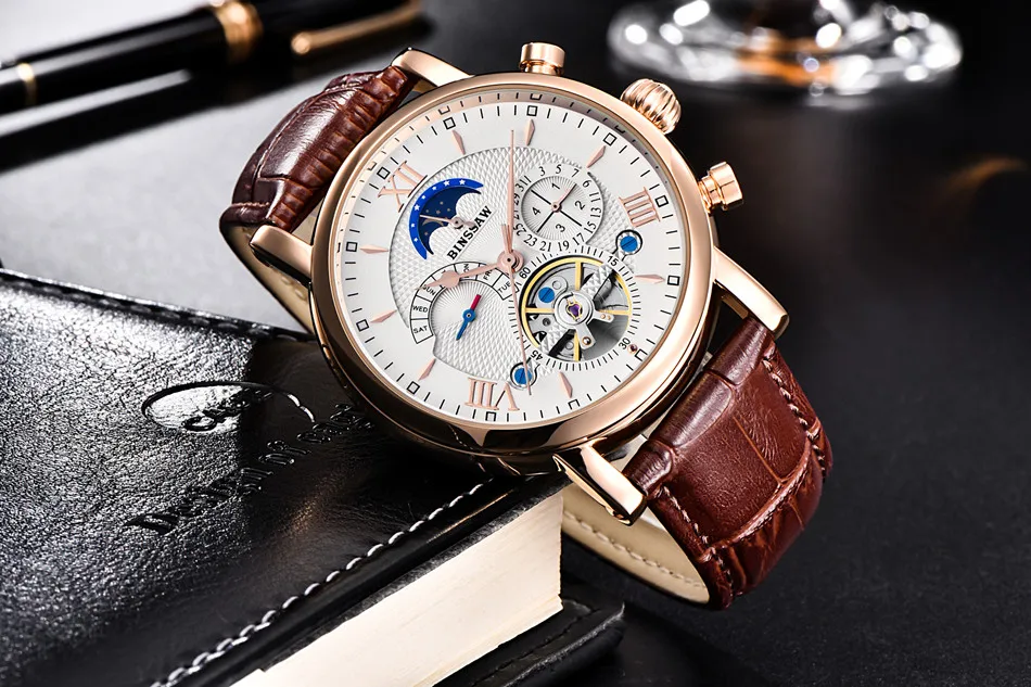 BINSSAW Reloj Мужские механические часы Автоматические турбийон бизнес кожа Montre Homme Moon Phase спортивные часы Zegarek Meski