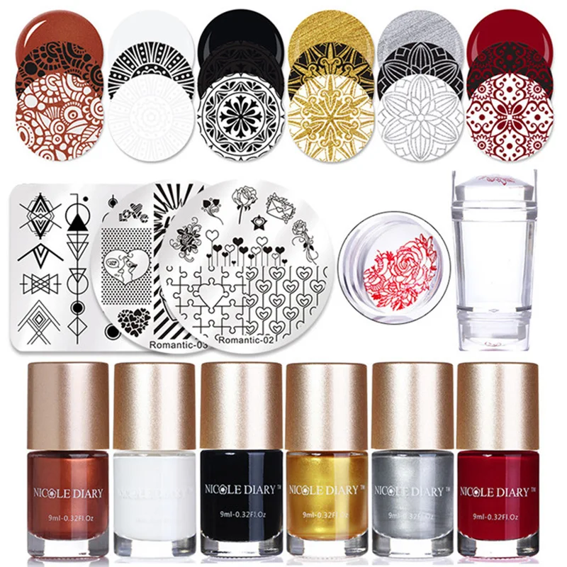 

NICOLE DIARY Nail Stamping Polish Image Plates Set 12pcs Valentine Stamp Plate Printinting Polish Stamper Scraper Nail Art Tools
