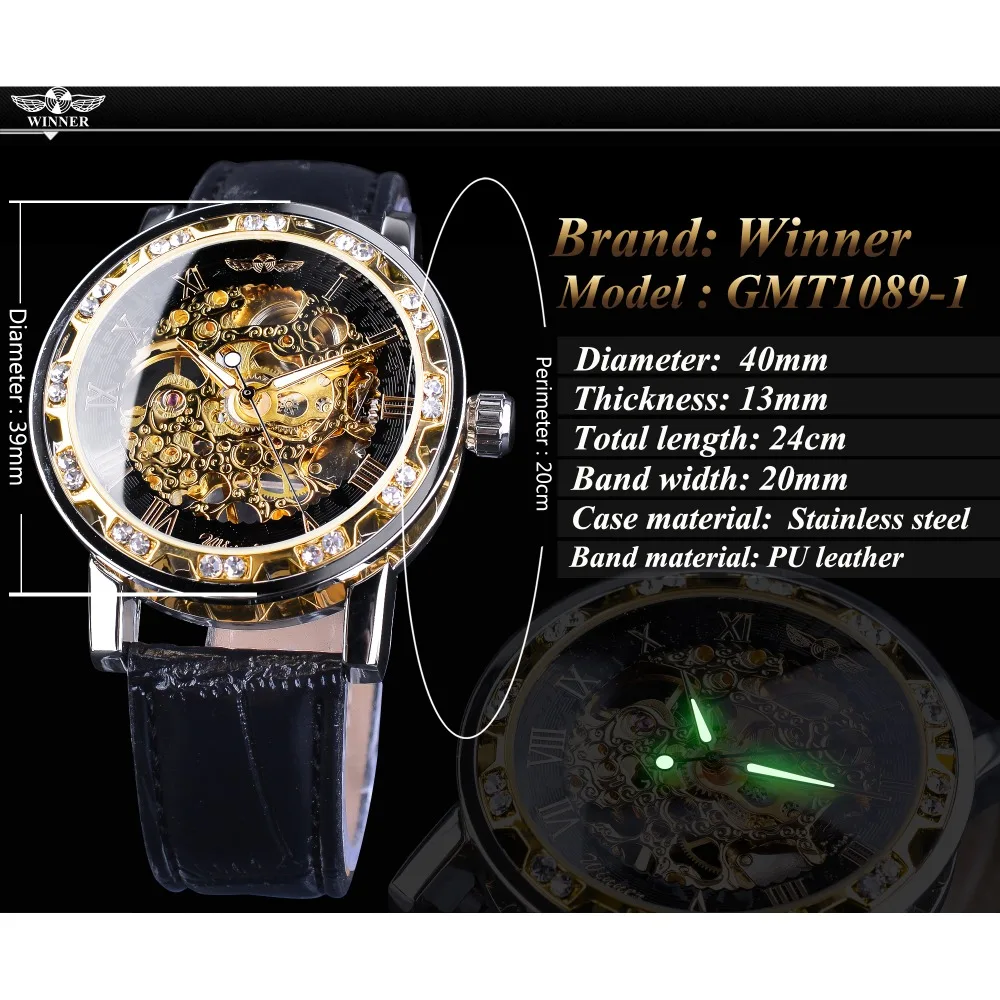 Best Winner Black Golden Retro Luminous Hands Fashion Diamond Display Mens Mechanical Skeleton Wrist Watches Top Brand Luxury Clock