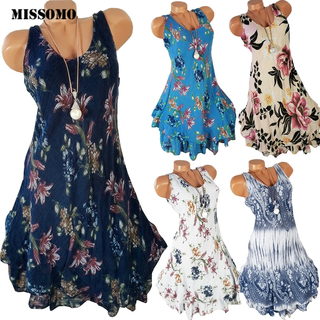 

MISSOMO Plus size dress Women female Sleeveless O-neck 2 Layered Print Summer Sun Dress Mini Dress Tank Vest Sun Dress Vestidos