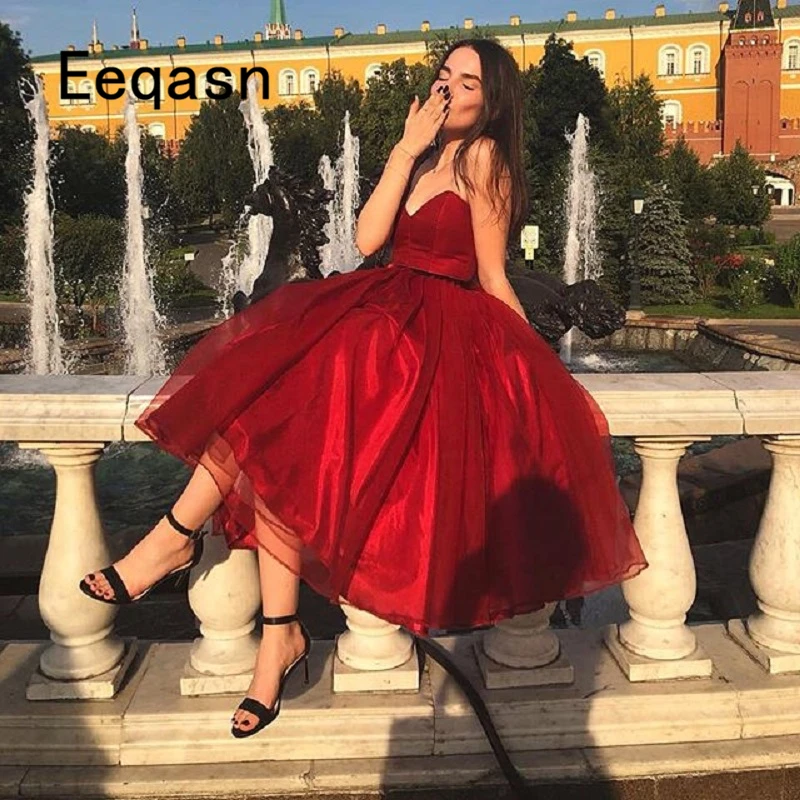 

Elegant Knee Length Cocktail Dresses 2018 Burgundy A-line Formal Party Dresse Robe De Cocktail Plus Size Prom Gowns