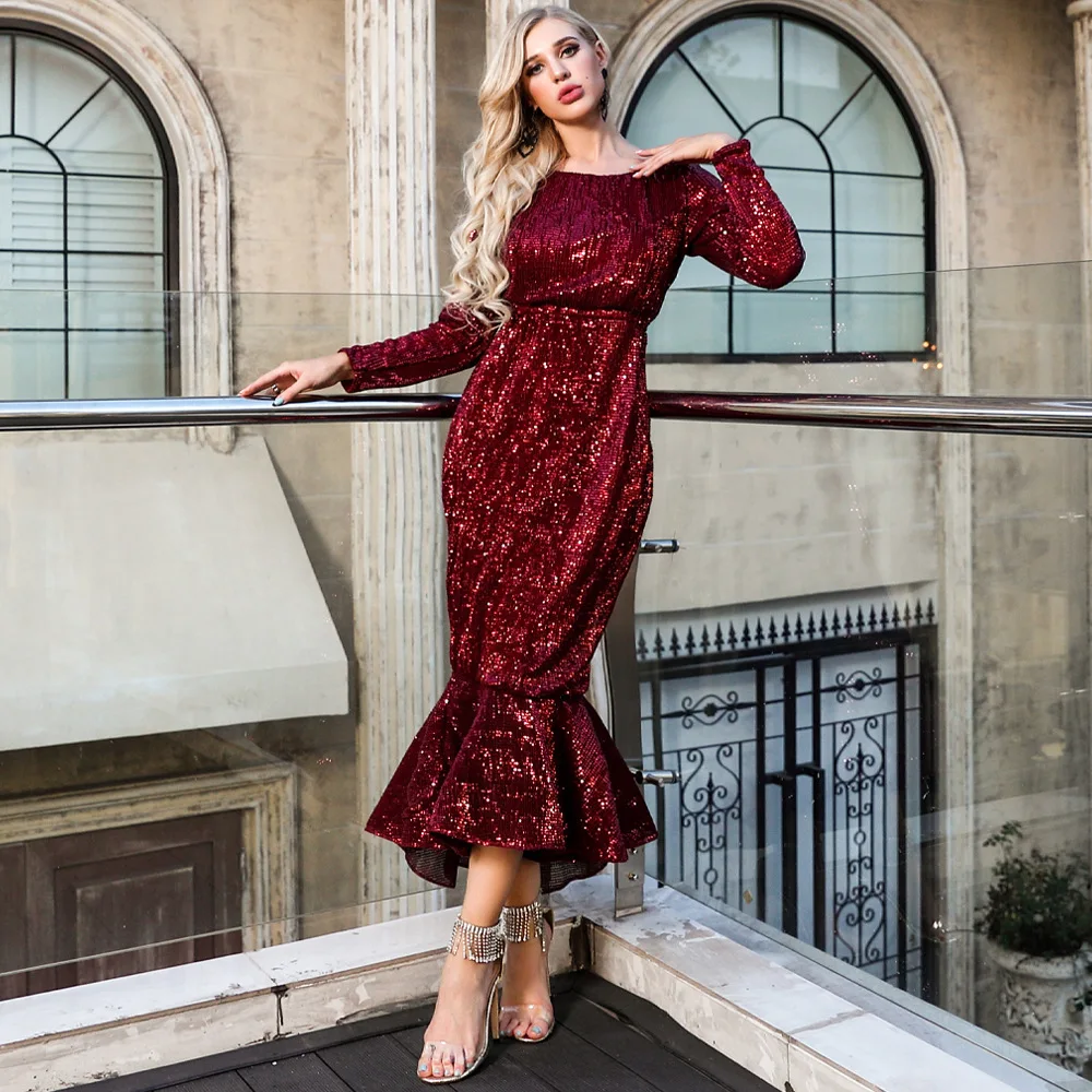 

Birthday Party Fashion Summer Maxi Dress O-neck Sequined Long sleeve Empire Sexy Women Celebrity Body Con Dresses Wholesale