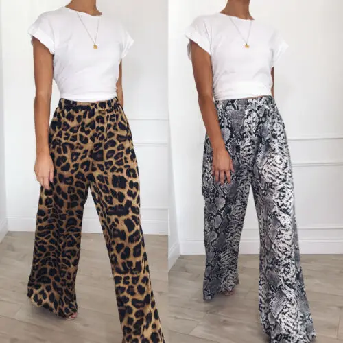 

Women Leopard Printed Palazzo Wide Leg Pants Long Loose Baggy Casual Pant Workout Summer Snake Trousers Hot