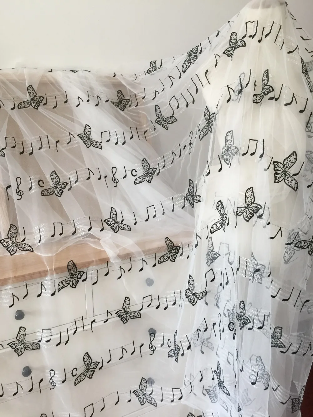 

5 yards black butterfly musical notes embroidery lace fabric , soft tulle netting women dress bridal gown fabric wholesale lace