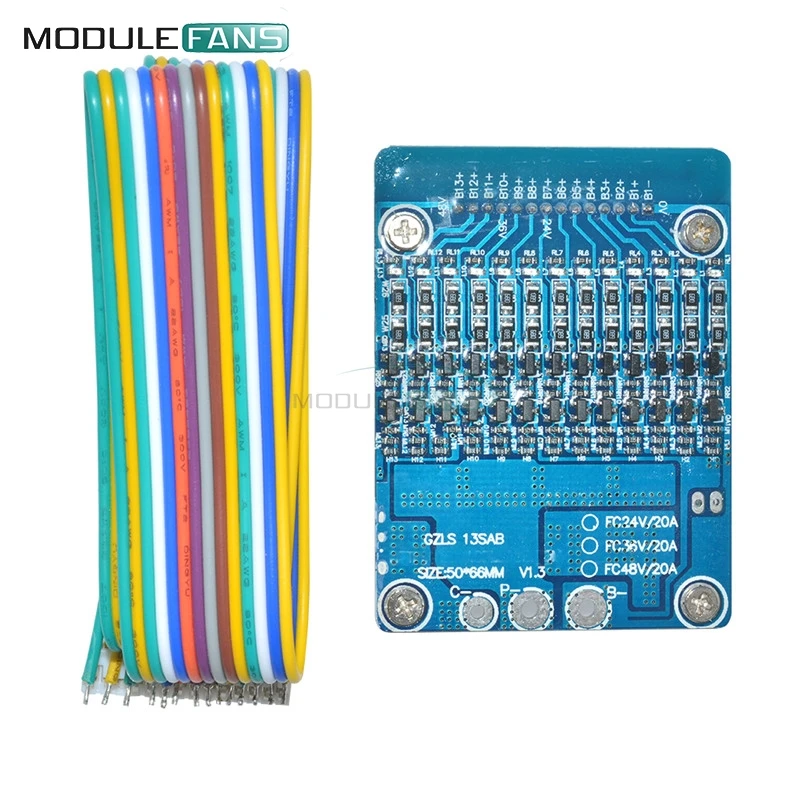 

13S 20A Li-ion Lithium Cell Protection PCB Board 48V 18650 Battery BMS Balance Module With Cable Electricity Component