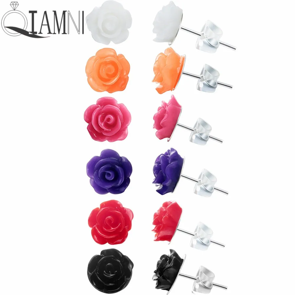 QIAMNI 6pairs/set Korea Design 12mm Cheap Resin Rose Flower Stud