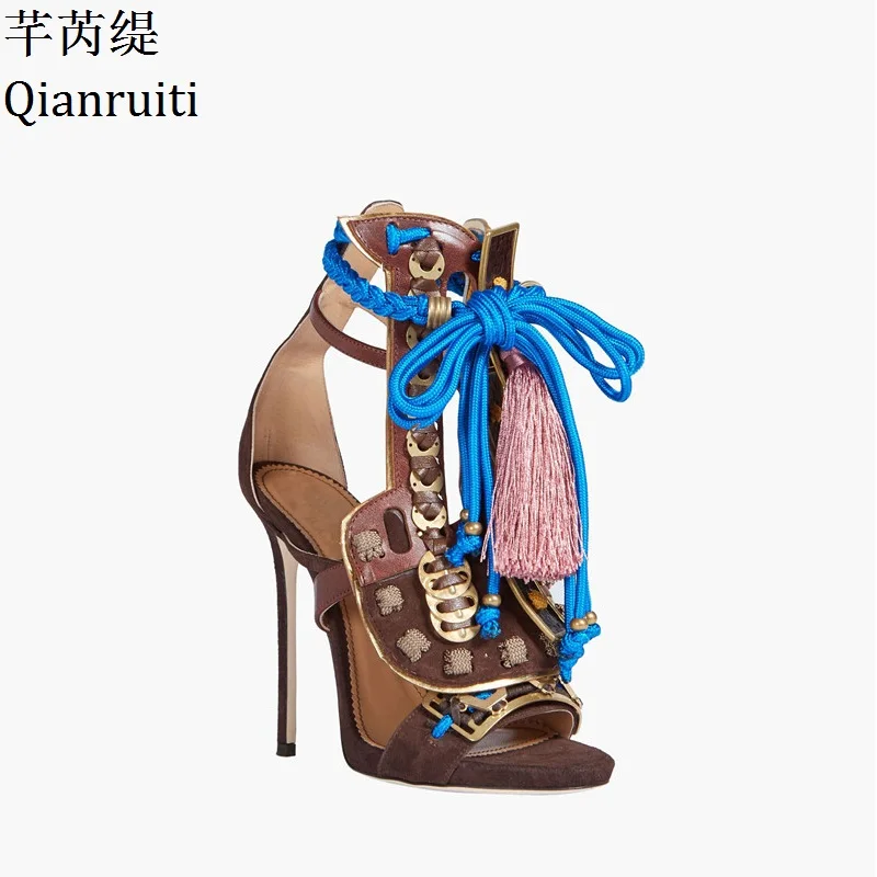 Qianruiti/Босоножки-гладиаторы на высоком каблуке в богемном стиле; женские туфли-лодочки на шнуровке, украшенные кисточками; пикантная женская обувь на шпильках