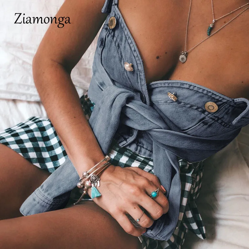 

Ziamonga Ladies Bandage Denim Bralette Button White Strapless Tube Tops Tied Bra Bustier Tank Tops Female Wrap Chest Crop Tops
