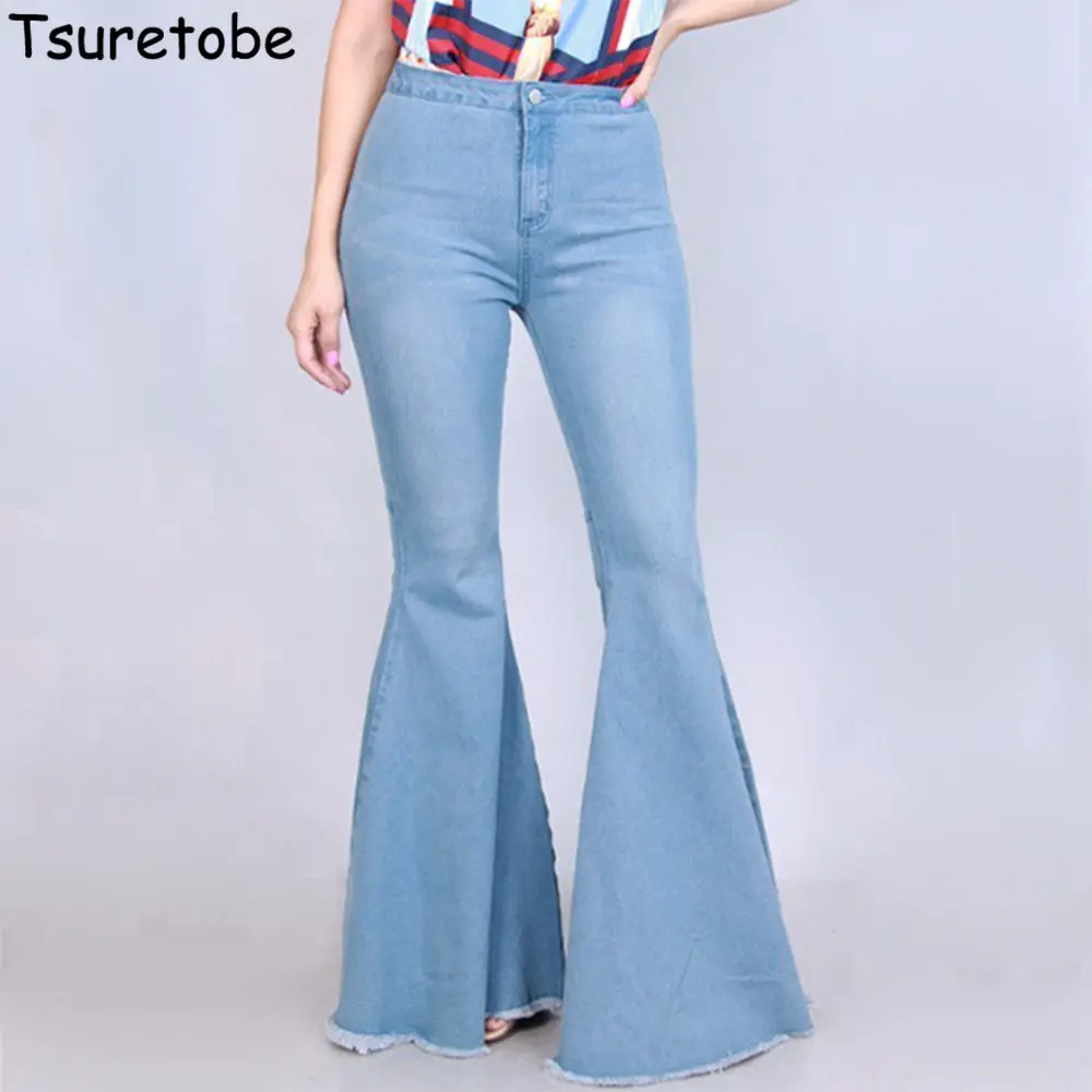 

Tsuretobe Fashion Flare Denim Pants Women Bodycon Casual Wide Leg Pants Female Pure Color Casual Elegant Pants Vestidos Slim