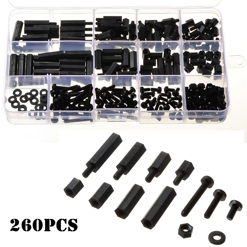 260pcs/Set M3 Nylon Spacers/Screws/Nuts Black M F Hex Screw Nuts