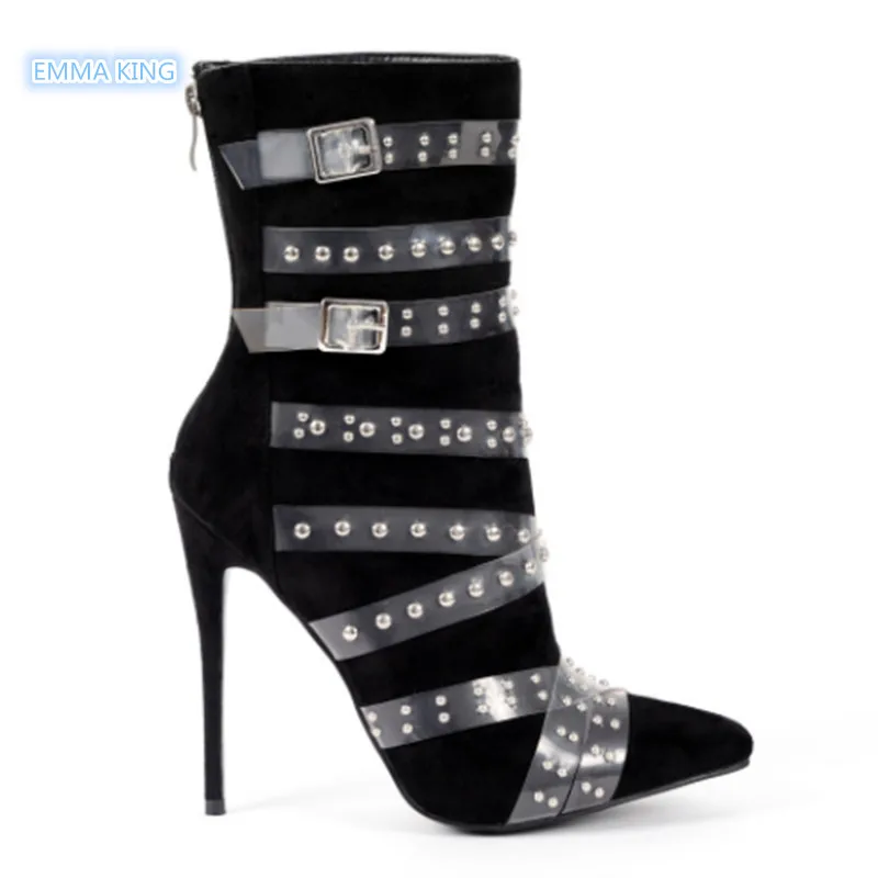 

Fashion Rivets Pointed Toe ankle Boots Women Stilettos Transparent Belt Buckle Design Sexy High Heel Shoes Back Zipper Booties