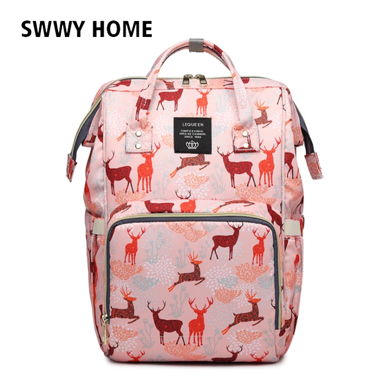 

Brand Women mochila Backpack Elk/Leaf Print Bags for Women 2019 Large Oxford Waterproof Mom Travel Backbag Pink Babysitter bags