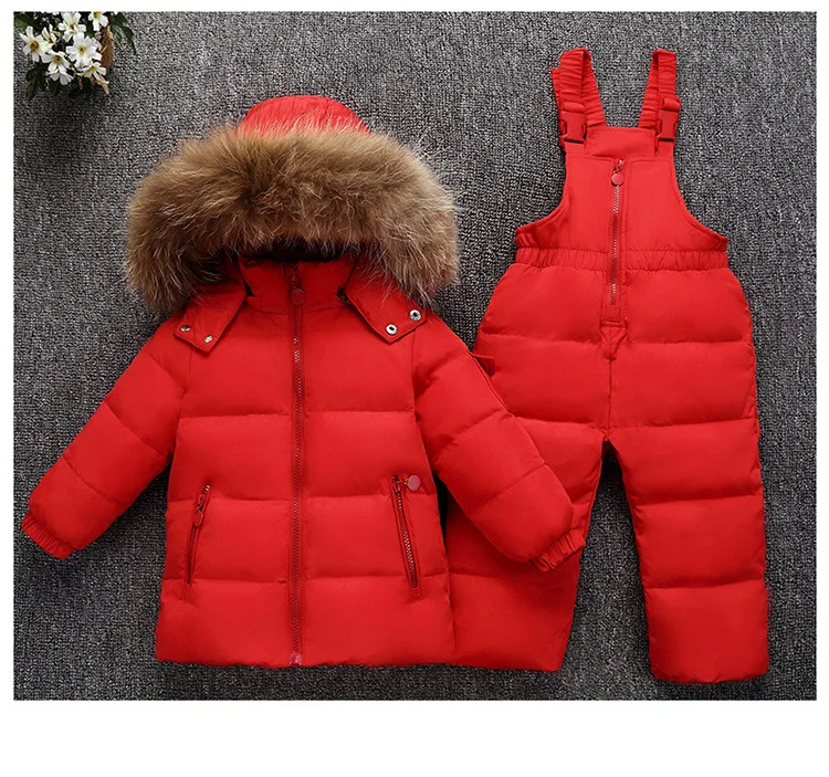 30 Degrees Winter Children Down Jacket Clothing Sets Furry Collar Girls Down Jackets+ Overalls Kids Warm Suit For Boys