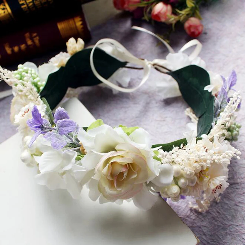 

Women's Flower Wreath Crown Lady Girls Festival Wedding Party Headband Garlands Ribbon Hairband Decoration