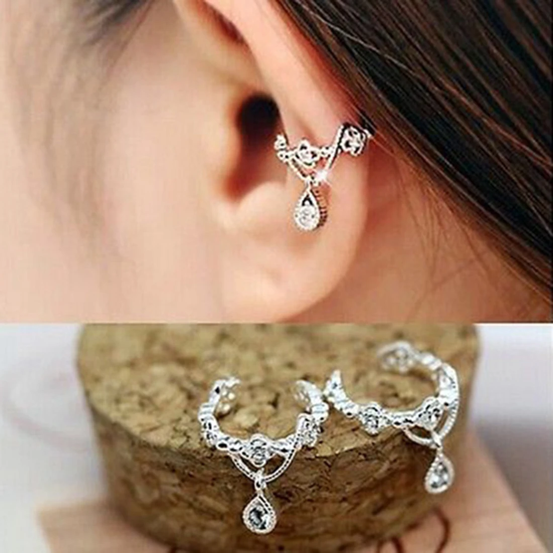 

Fashion 1 Pcs Women Elegant No Piercing Crystal Rhinestone Water Drop Pendant Ear Cuff Wrap Clip Cartilage Earrings