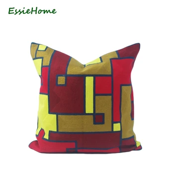 

ESSIE HOME 18x18" Crocheted High End Full Embroidery Digital Geometric Pattern Modern Red Yellow Cushion Cover Pillow Case Throw