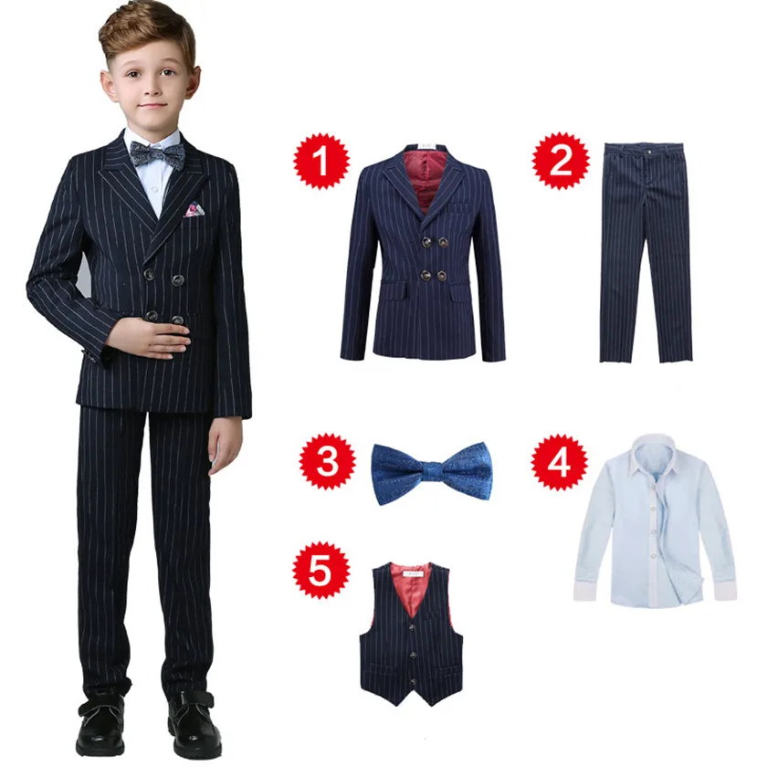 Boys Striped Blazer Wedding Suits Brand Kids 5PCS Formal Suits with Bow Boy's Party Tuxedos Costume Double Breasted Suit S84013A Boys Striped Blazer Wedding Suits Brand Kids 5PCS Formal Suits with Bow Boy's Party Tuxedos Costume Double Breasted Suit S84013A