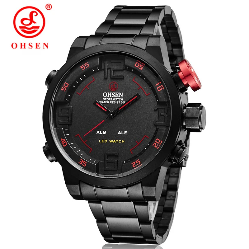 Acheter OHSEN Quartz Numérique Hommes Montres Militaire Étanche en acier Plein LED Montre Bracelet des hommes montre de sport cadeaux relogio masculino