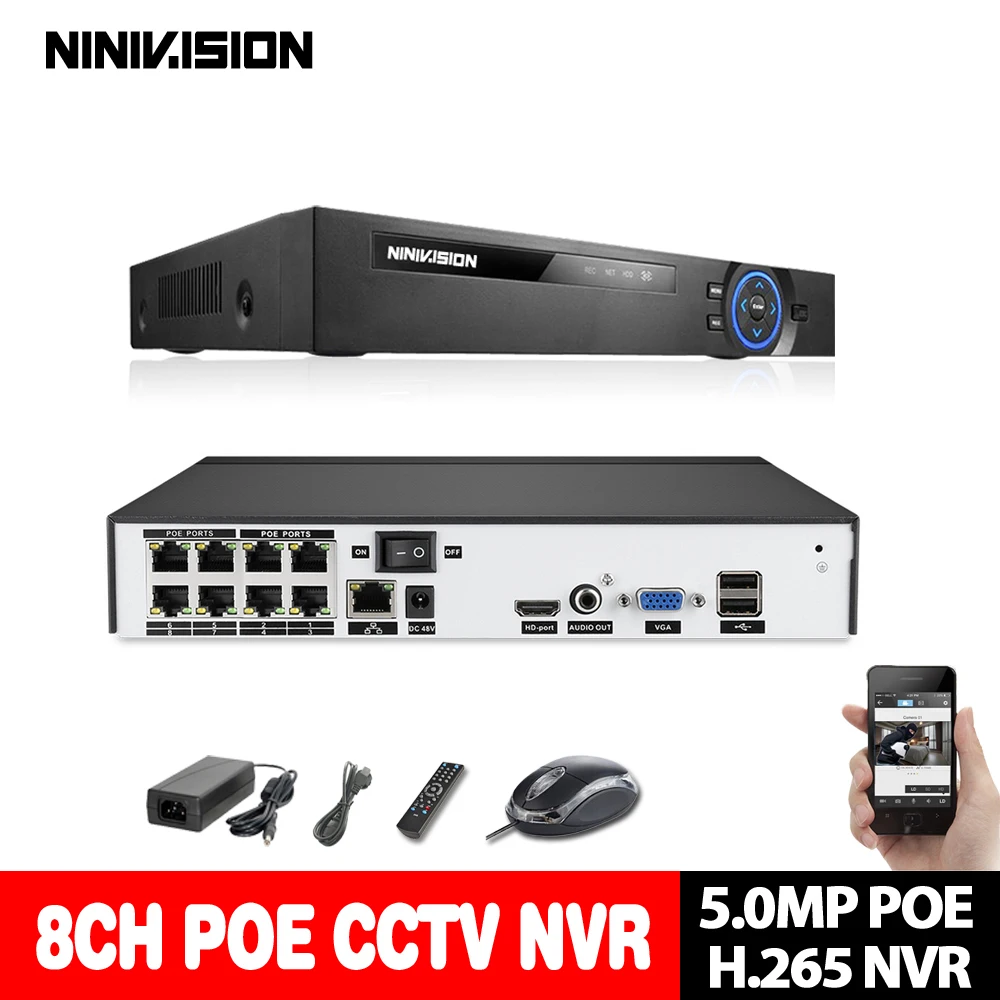 

H.265 4CH 8CH 48V POE IP Camera 5MP NVR Security Surveillance CCTV System P2P ONVIF 8*5MP/ 16*5MP HD Network Video Recorder