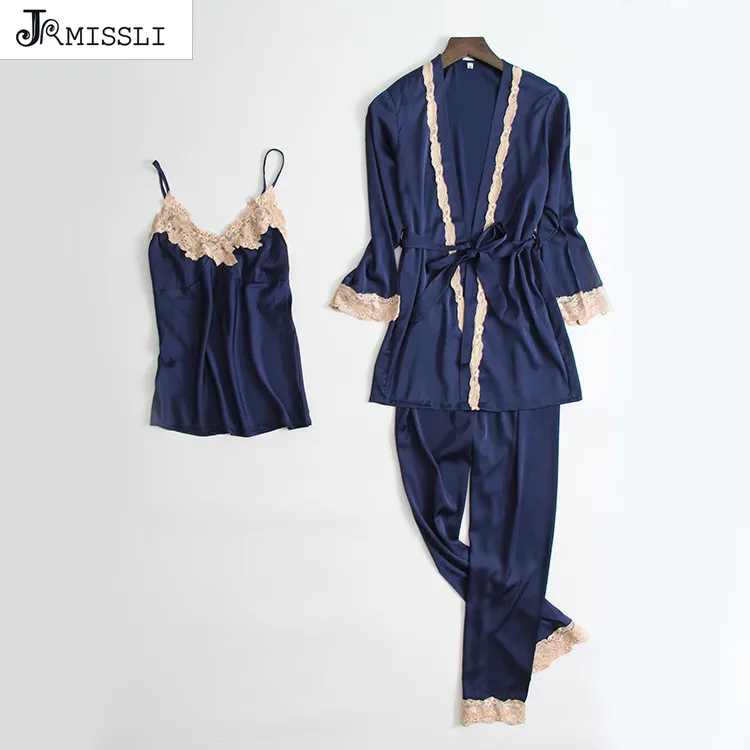 JRMISSLI 3 шт. Ice Silk женский пижамный комплект Ночная рубашка + кардиган набор длинных