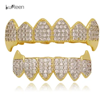 

LuReen Shine Micro Pave Cubic Zircon Gold Teeth Grills Mouth Top&Bottom Tooth Grills Vampire Fang Teeth Caps Jewelry