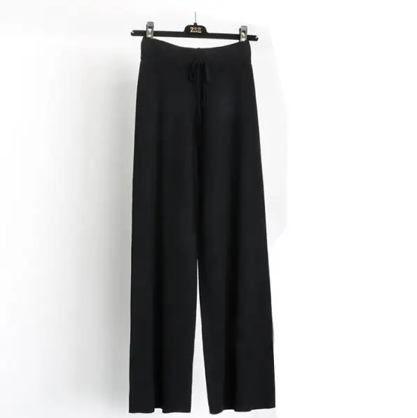 Новая мода весна осень женские трикотажные широкие брюки Свободные шнурок эластичные брюки с высокой талией женские повседневные брюки SF1276 - Цвет: Черный