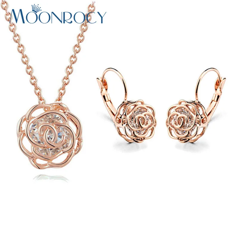 

MOONROCY Trendy Crystal Necklace and Earrings Rose Gold Color Jewelry Set for Women Lovers Girls Gift Dropshipping Wholesale