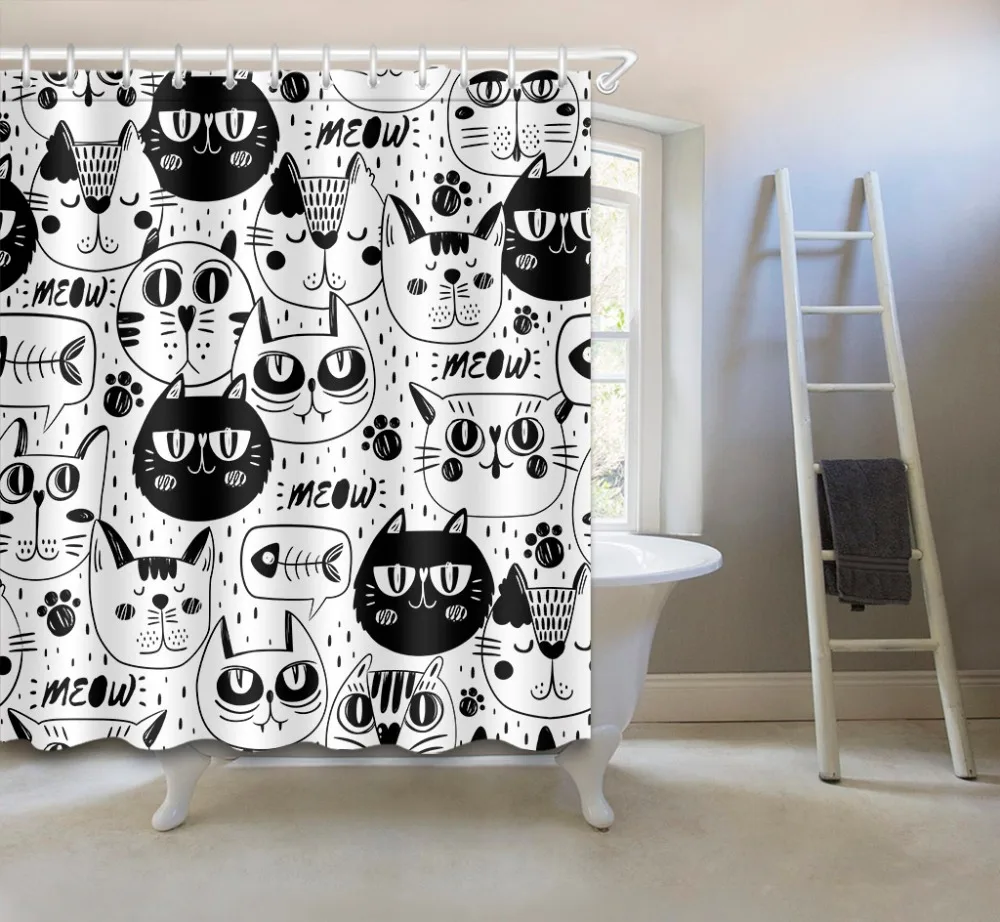 60x72'' White Cat Head Black Car Head Catoon Bathroom Fabric Shower