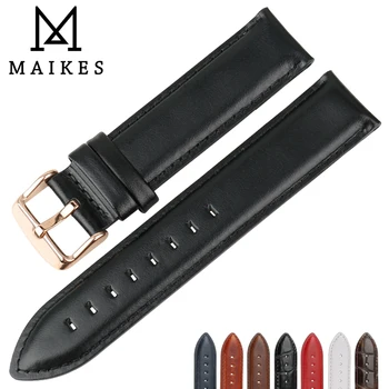 

MAIKES New Simple Design Watch Strap Black Genuine Leather Watch Bands Silver & Roes Gold Buckle For Watchband Bracelets