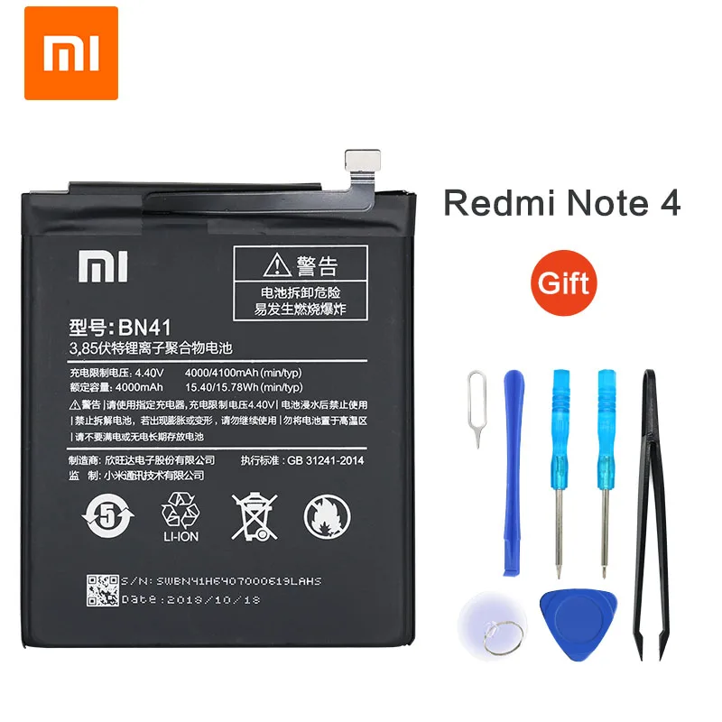 

Xiao Mi Original Battery BN41 4100 mAh for Xiaomi Redmi Note 4 Hongmi Note 4 / Note 4X MTK Helio X20 Phone Replacement Batteries