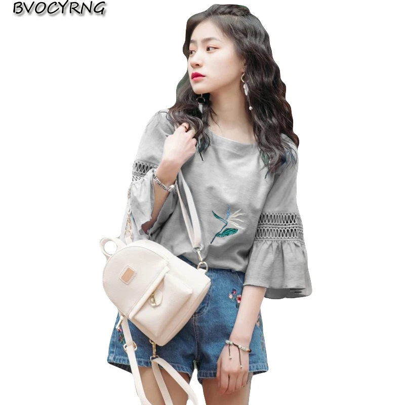 

Sweet Fun Student T-shirt Summer 2018 New Cotton T Shirt Women Flare Sleeve Floral Tshirt Korea Loose Girls Tops Female K0205