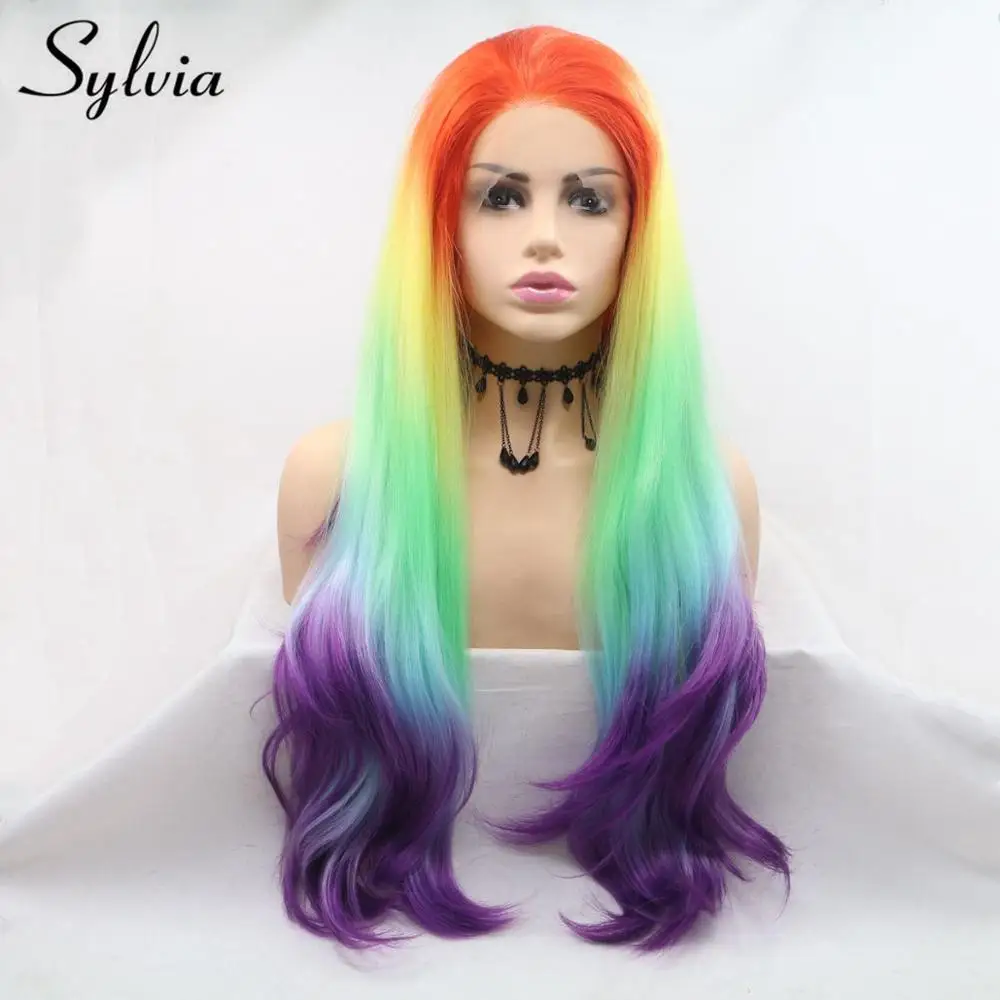 

Sylvia Long Natural Wave Synthetic Lace Front Wig For Women Colorful Heat Resistant Hand Tied Rainbow Hair Cosplay Wig Free Part