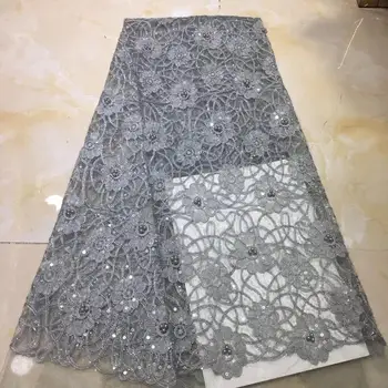 

2019 High Quality Tulle Lace Grey Color African Lace Fabric With Sequins Beads African French Wedding Lace Fabric