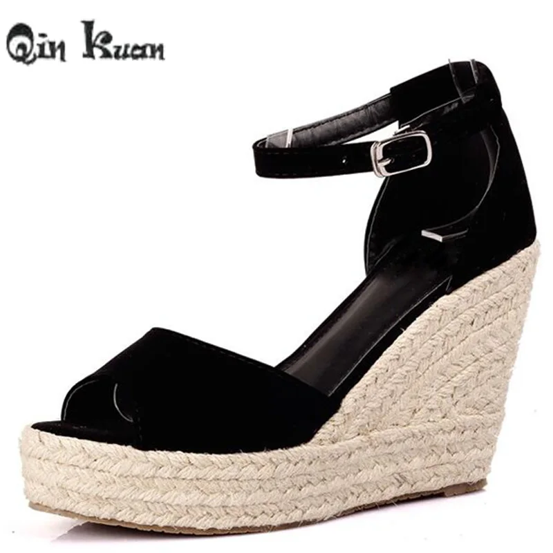 

Women 11 CM High Heel Sandals Summer Open Toe Wedge Platform Sandal Vintage Buckle Flock Cross Strap Shoes Size 32-44