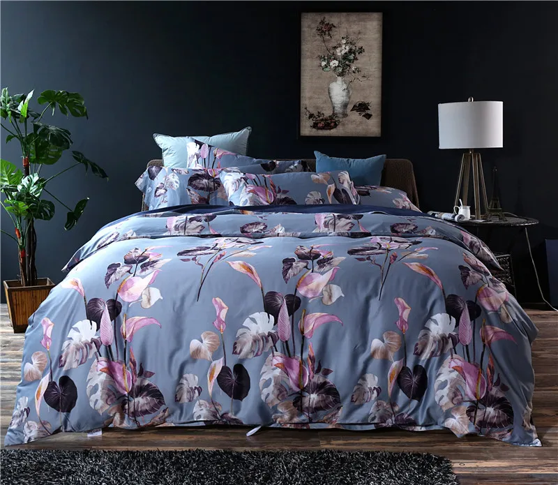 

4Pcs Tropical Leaves Blossom printed Duvet cover Egyptian cotton Silky Soft Bedding Set Queen King size Bed sheet/Fitted sheet