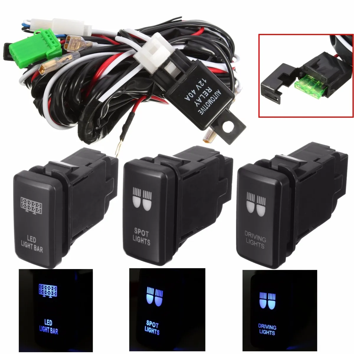 

Blue DC 12V 40A LED Driving Spot Light Bar Wiring Loom Harness Relay Switch For Toyota /FJ /CRUISE
