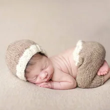 Мелкая коричневая детская шапка, детские вязаные шапочки, шапочка для новорожденных со штанами, комплекты для фотографий новорожденных, Размер: 0-1 м, 3-4 м