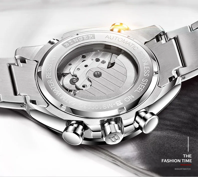 Роскошные швейцарские Брендовые мужские часы Бингер, автоматические механические светящиеся водонепроницаемые часы для бега, полностью стальной ремень, фаза мужской моды