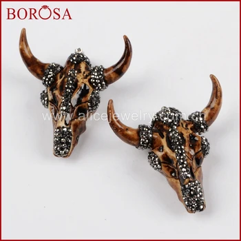 

BOROSA New Resin OX Cattle Head Pendants, Bull Cattle Longhorn Buffalo Rhinestone Paved Zircon Druzy Pendant for Necklace JAB796