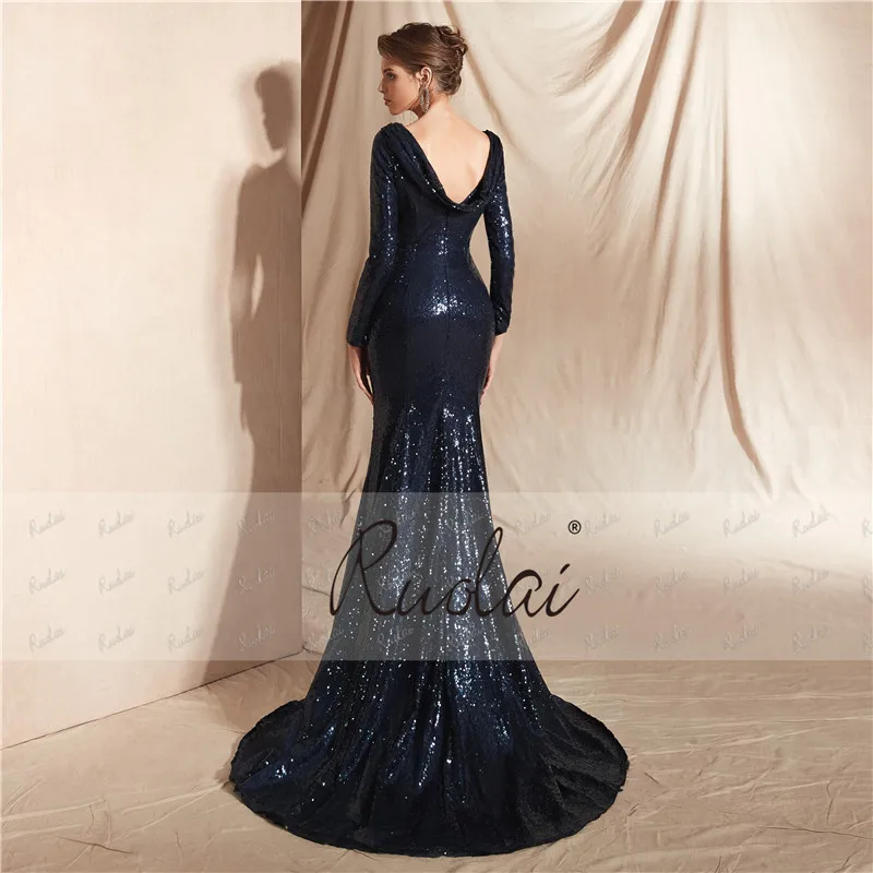 Dark Navy Mermaid Evening Dress Long Sleeves Sequin Evening Gown Open Back Evening Party Dress Robe de Soiree SN18