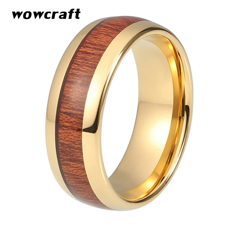

8mm Yellow Gold Tungsten Carbide Rings For Men Women Wood Inlay Wedding Band Polished with Comfort Fit