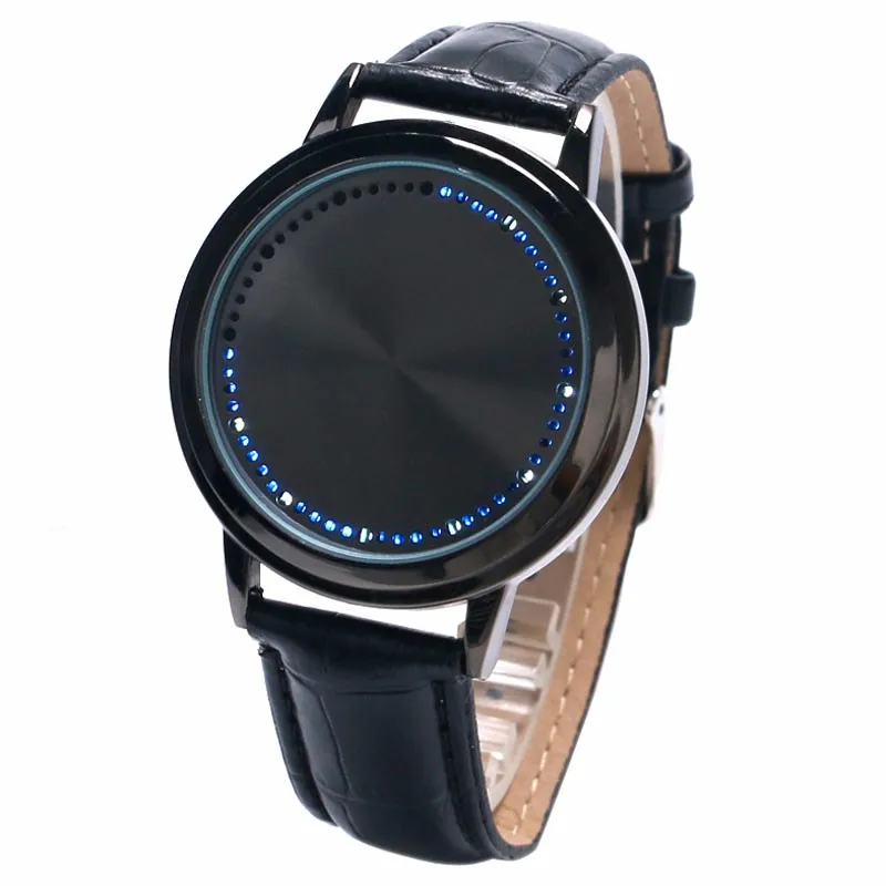 Новинка, классный черный светодиодный сенсорный экран, кожаный ремешок, цифровые синие часы, наручные часы, подарок для мужчин и женщин, Relogio Masculino