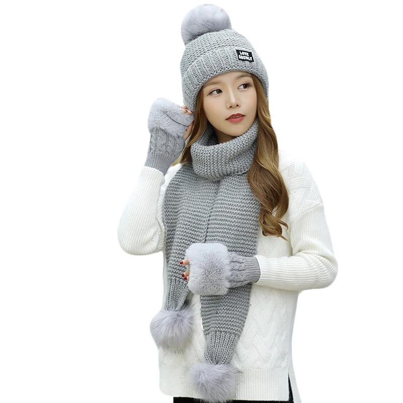 Модная женская зимняя шапка шарф наборы перчаток для девочек теплая Толстая шапка и перчатки набор из трех частей сплошной вязаный набор шапки и шарфа для Feamle