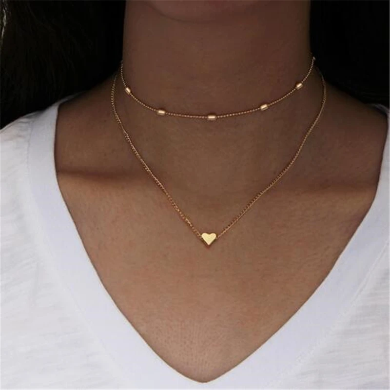 

ZOSHI 2017 Hot Sale Gold Silver Long Tassel Heart Choker Necklace Accessories For Women Jewelry Double Layer Chokers Collar