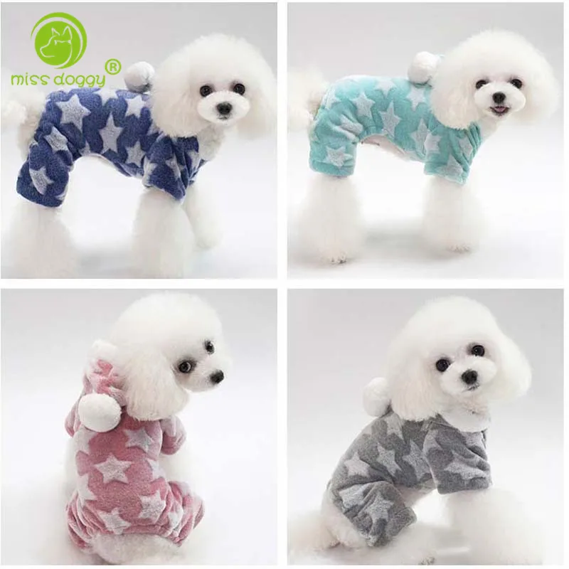 

Coral Fleece Super Soft Warm Autumn Winter Star Pattern Dog Coat Jumpsuit Four Legs Thickness Dot Hat Lovely Dog Coat Pants 10A