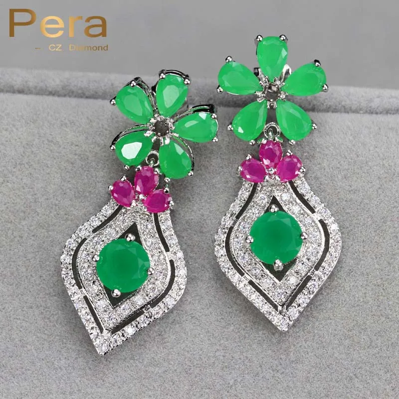

Pera Luxury CZ Brand Jewelry Vintage Nigerian Women Party Big Flower Long Drop Earrings With Natural Green And Red Stone E195